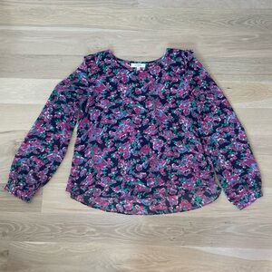 Umgee Long Sleeve Sheer Navy Floral Blouse - Pink and Green flowers - Medium